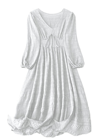 Shasmi Womens & Girls White Dress For Women Midi, One Piece Dress For Womens Casual Dress, Solid Textured Lantern Sleeve Tie Fro