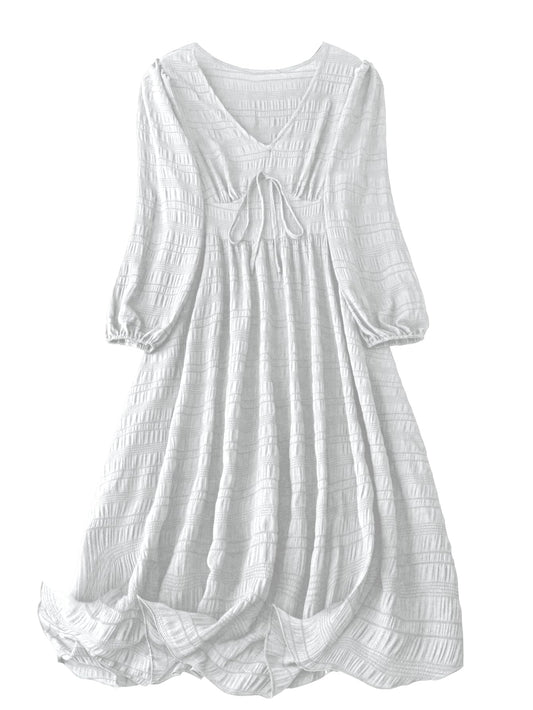 Shasmi Womens & Girls White Dress For Women Midi, One Piece Dress For Womens Casual Dress, Solid Textured Lantern Sleeve Tie Fro