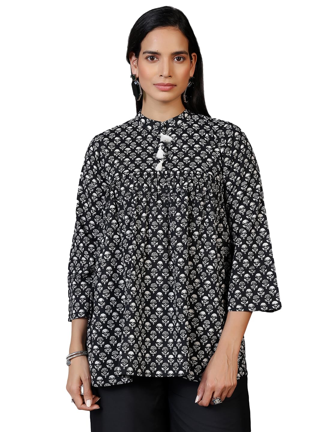 Libas WomenS Cotton Printed A-Line Kurtis (29065_Black