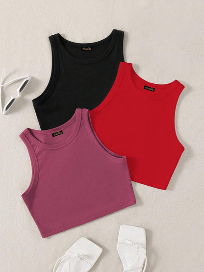Toochki Tops for Woman | Spandex Top | Crop | Short | Western | for Jeans | Sleeveless | Stretchable | Pack of Three | Black-RED