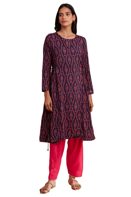 W for Woman Women's Round Neck Kurta Block Print 42 L Full SLV