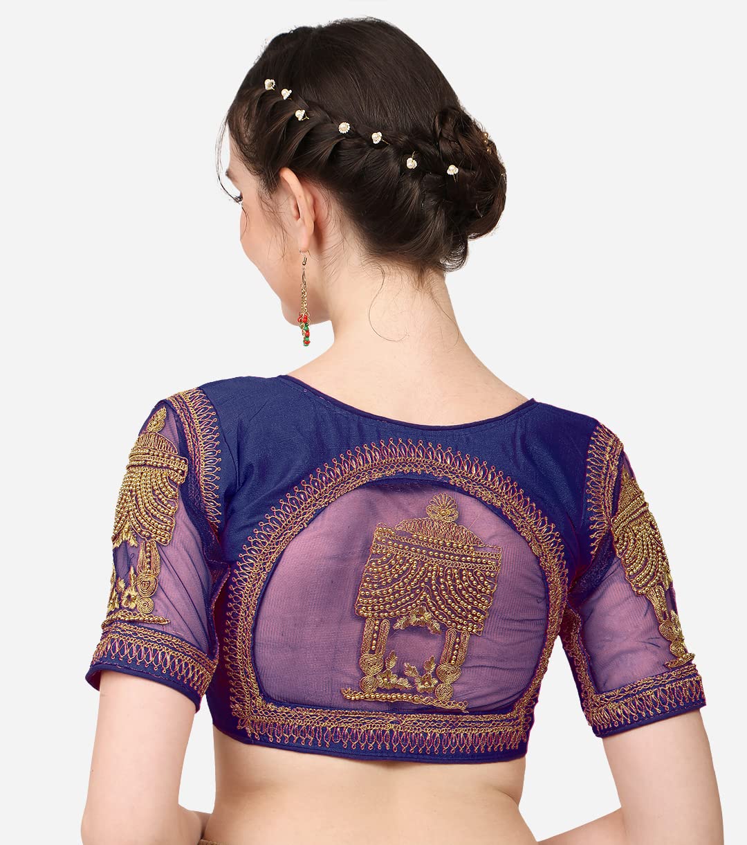 Pujia Mills WomenS Multicolor Temple Embroidery Net Back Sequence Khatli Work Sleeves Design Phantom Silk Readymade Saree Blous