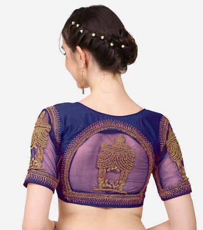 Pujia Mills WomenS Multicolor Temple Embroidery Net Back Sequence Khatli Work Sleeves Design Phantom Silk Readymade Saree Blous