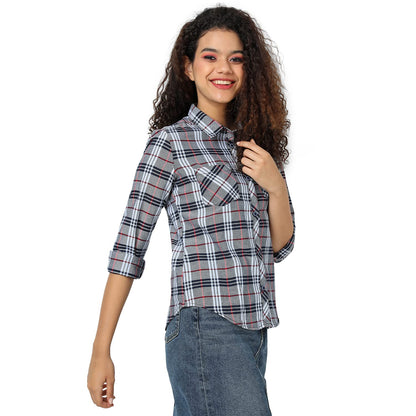 Campus Sutra Womens Grey Tartan Plaid Button Up Regular Fit Shirt for Casual Wear | Spread Collar | Long Sleeves | Cotton Shirt