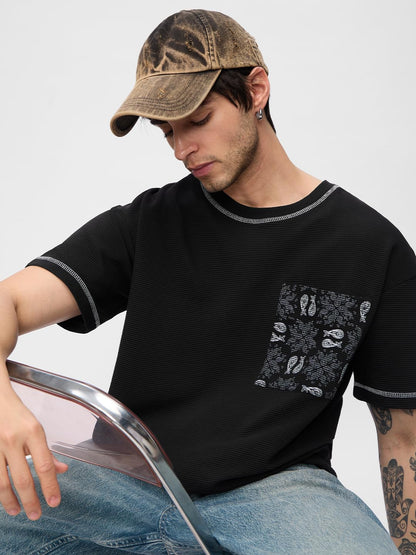 The Souled Store Ottoman T-shirt: Monochrome Men and Boys Short Sleeves Round Neck Black Embellished Cotton Oversized T-Shirts