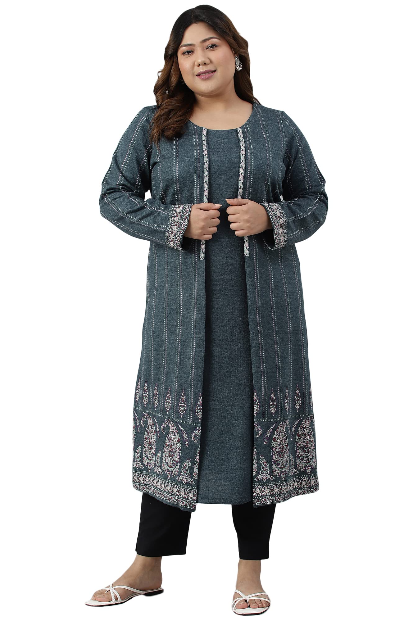 W for Woman Women Acrylic Mock Layer Printed Winter Kurta