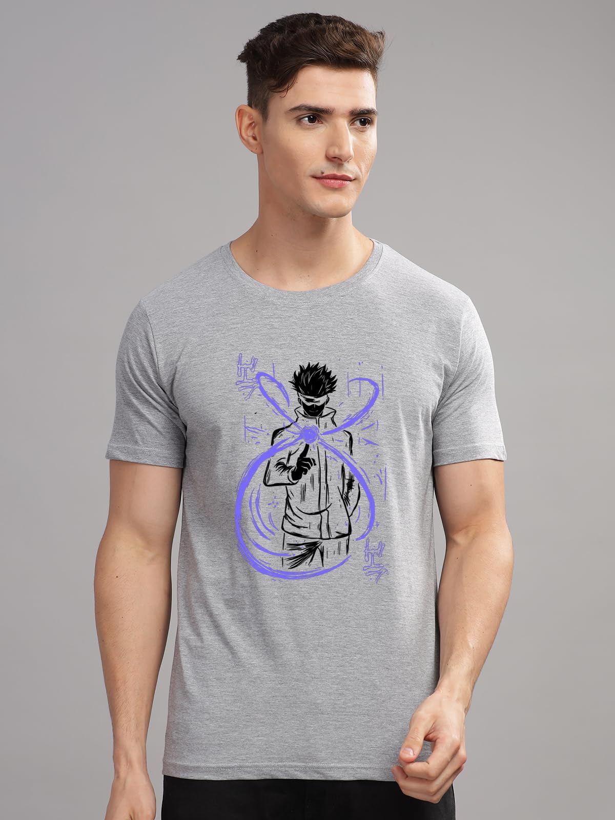 ADRO Mens Anime T Shirt - Premium Cotton Anime Gojo Tshirt - Perfect for Anime Fans Print and Comfortable Fit Grey T-Shirt|RN24-