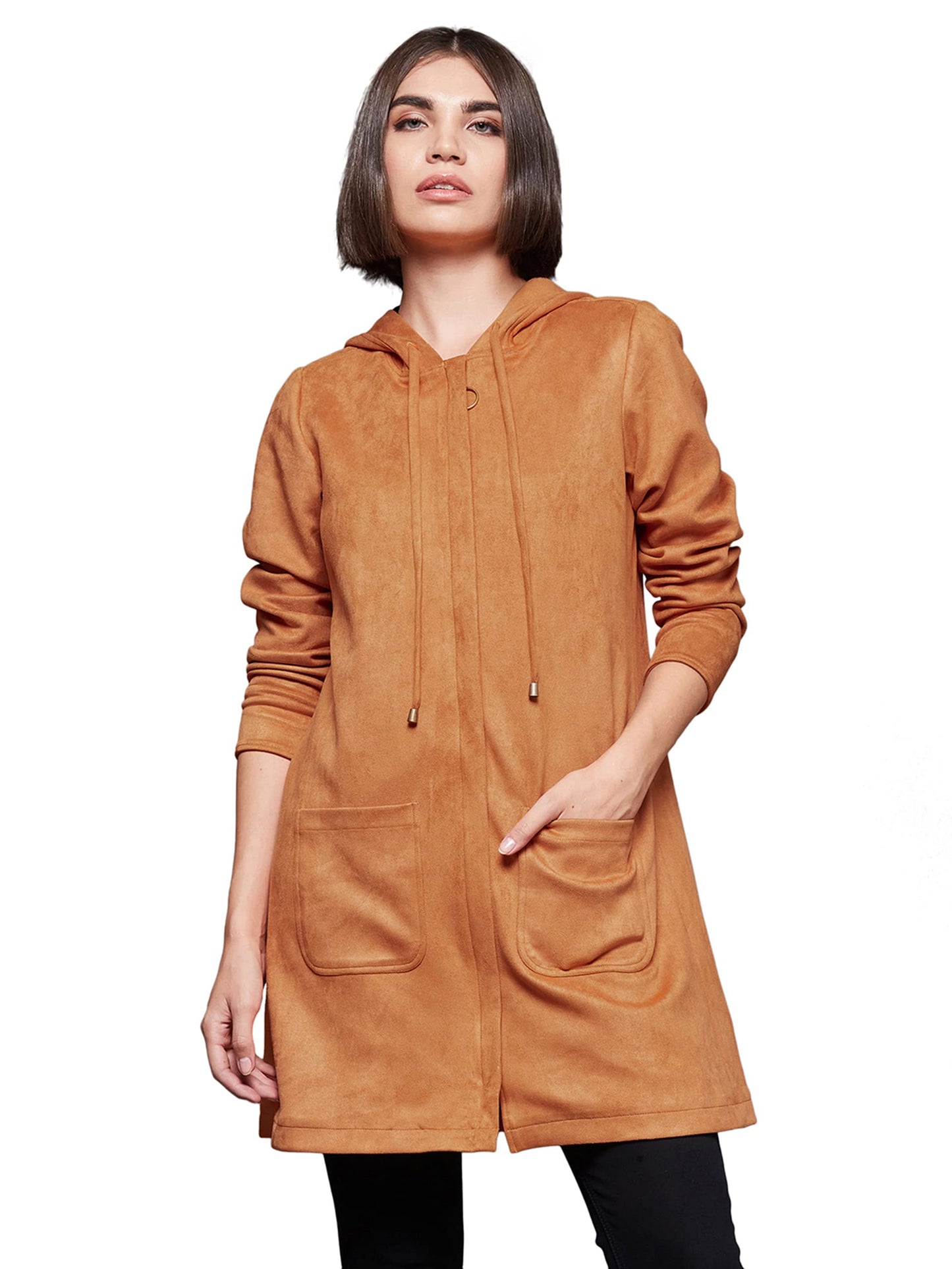Miss Chase WomenS Burnt Orange Solid Hooded Neck Full Sleeves Casual Winter Wear Polyester Jacket (Mcaw22Jkt03-50-286-06, Burnt