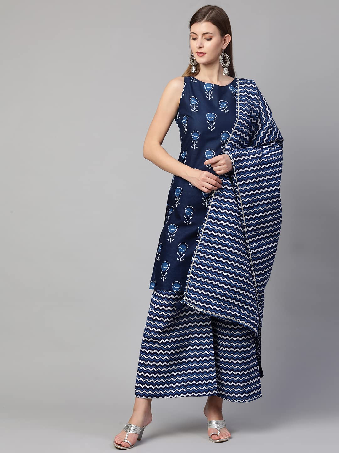ANNI DESIGNER Women's Cotton Straight Kurta with Palazzo & Dupatta (KPZD-COT-10060-BLUE)