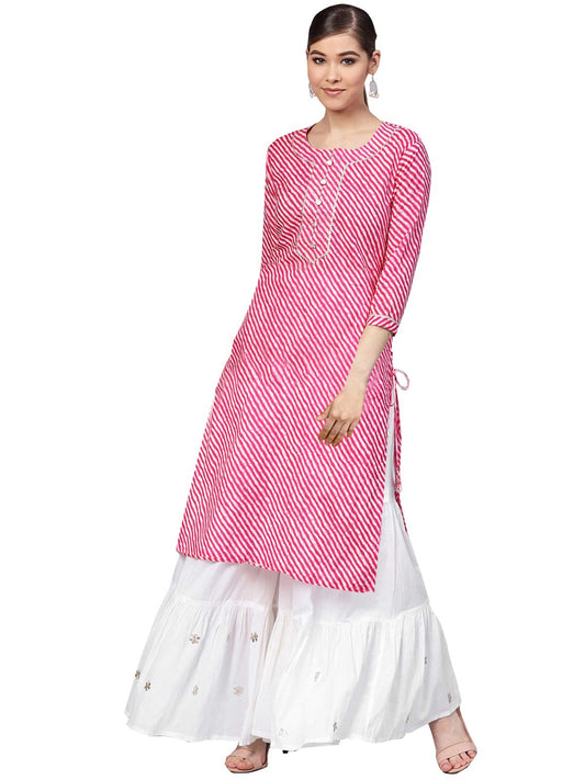 ishin Women's Cotton Blend A-Line Printed Gotta Patti Striped Print Pink Kurta Suit Set with Sharara