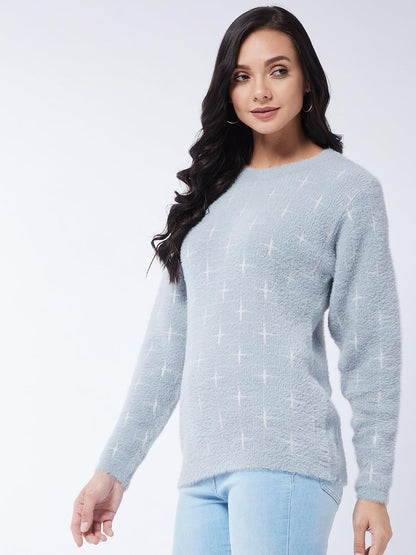 Modeve Women All Over Print Light Grey Sweater