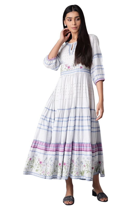 W for Woman Women's Cotton Light Blue Tiered Dress with Embroidery Maxi