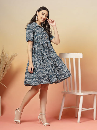 Stylum Womens Bagru Printed Cotton Flared Dress Blue