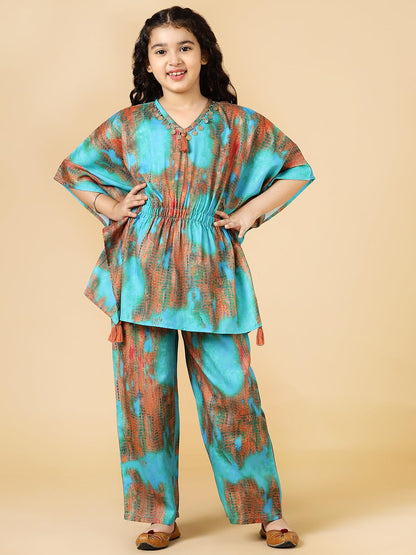 A.T.U.N. (ALL THINGS UBER NICE) Girls Printed Polysilk Top with Straight Pant Set