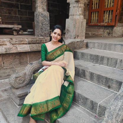Flosive Kanjivaram Silk Saree for Women, Off White & Green, One Size, Model AYN-OFF WHITE, Includes Blouse