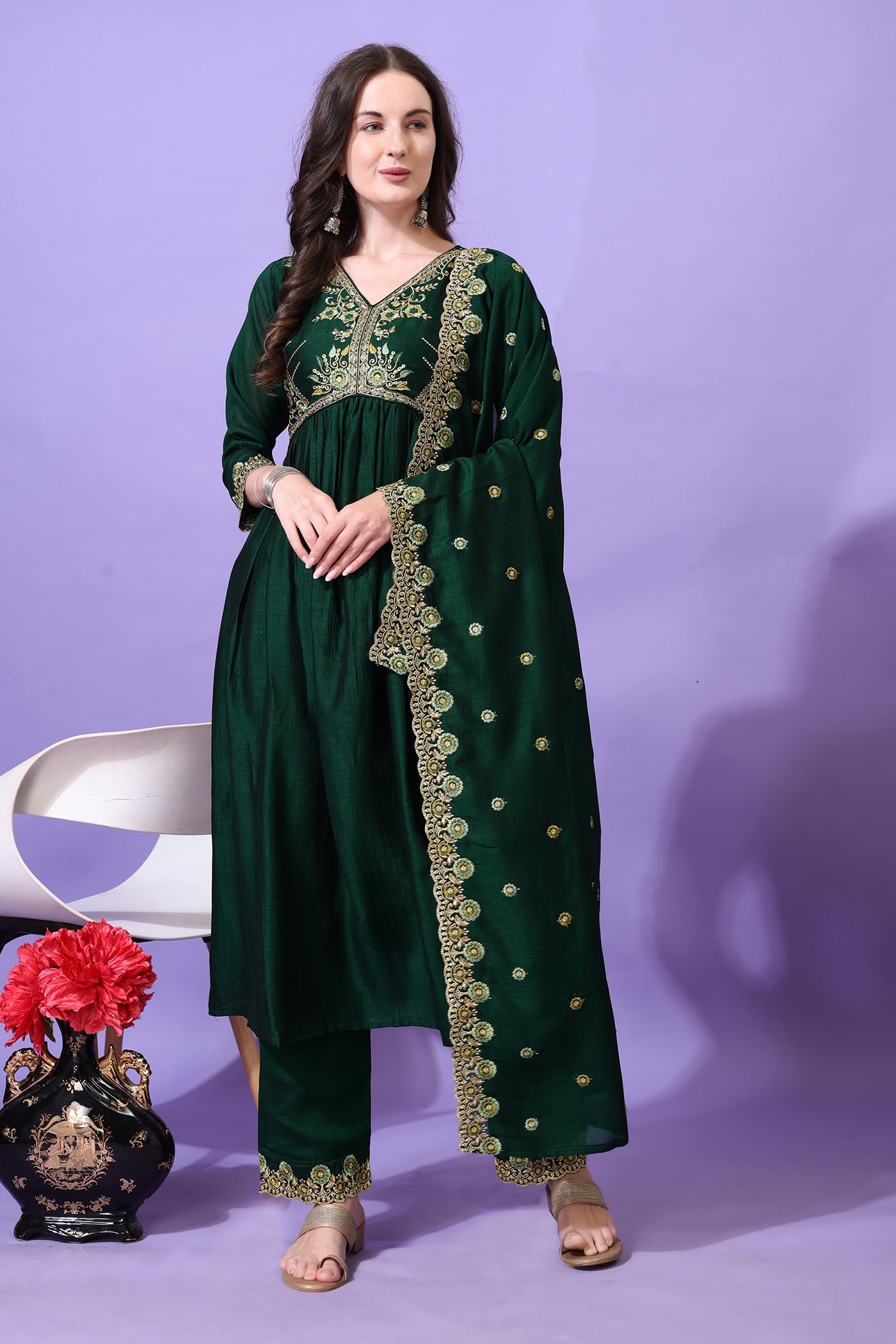 Pratham Blue WomenS Silk Embroidered Anarkali Kurta Palazzos With Dupatta |Kurta Set For Women |WomenS Kurta |Women Embroidere