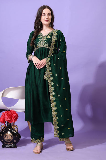 Pratham Blue WomenS Silk Embroidered Anarkali Kurta Palazzos With Dupatta |Kurta Set For Women |WomenS Kurta |Women Embroidere