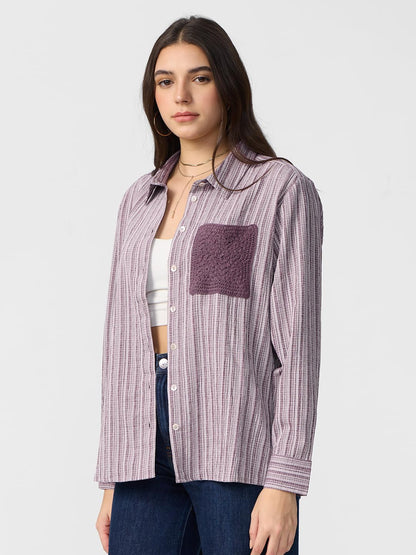 The Souled Store Moonlight Women and Girls Long Sleeves Collared Neck Button Front Purple All Over Printed Regular Fit Cotton Sh