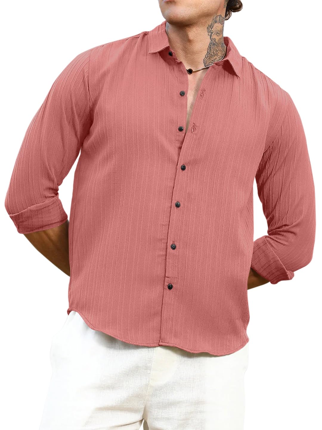 Finivo Fashion MenS Striped Cotton Casual Button Down Shirts Long Sleeve Textured Summer Beach Shirt For Men Peach