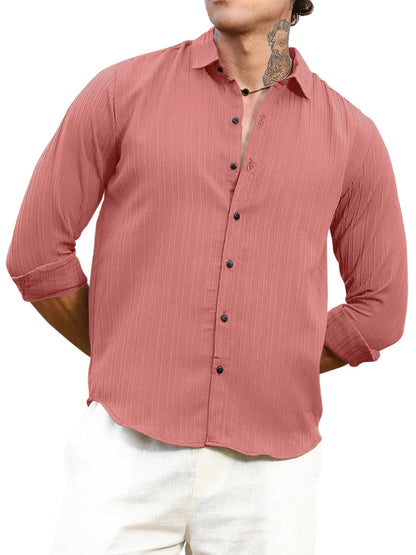 Finivo Fashion MenS Striped Cotton Casual Button Down Shirts Long Sleeve Textured Summer Beach Shirt For Men Peach