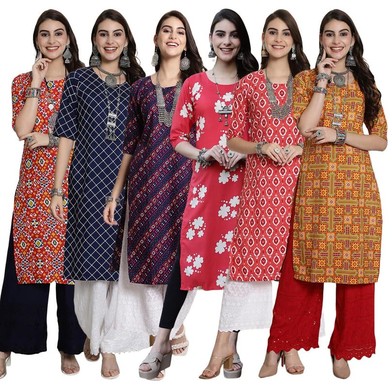 Pinkmint WomenS Crepe Kurti Round Neck Straight Kurti For Women Comfortable Kurti Regular Wear Kurti For WomenS (Pack Of 6)