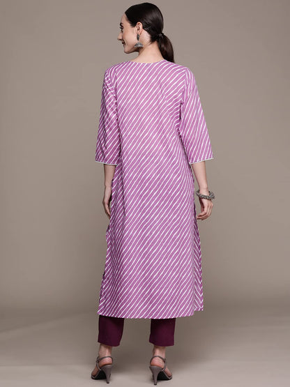 ishin Women's Cotton Blend Purple Leheriya Printed A-Line Kurta