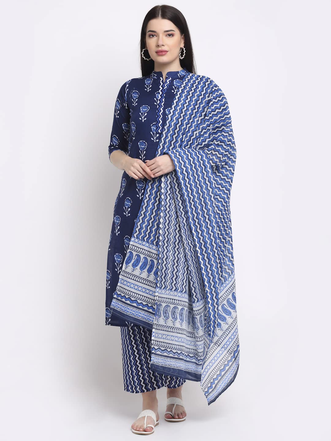ANNI DESIGNER Women's Cotton Straight Kurta with Palazzo & Dupatta (KPZD-COT-10009-BLUE)