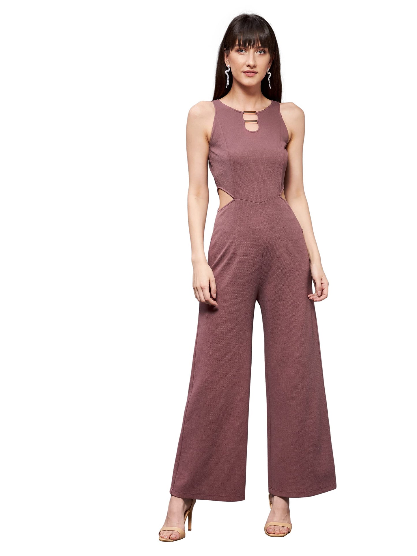 Miss Chase WomenS Mauve Round Sleeveless Polyester Solid Waist Cut-Out Regular Jumpsuit (Mcss21D04-79-271-05, Mauve, L)