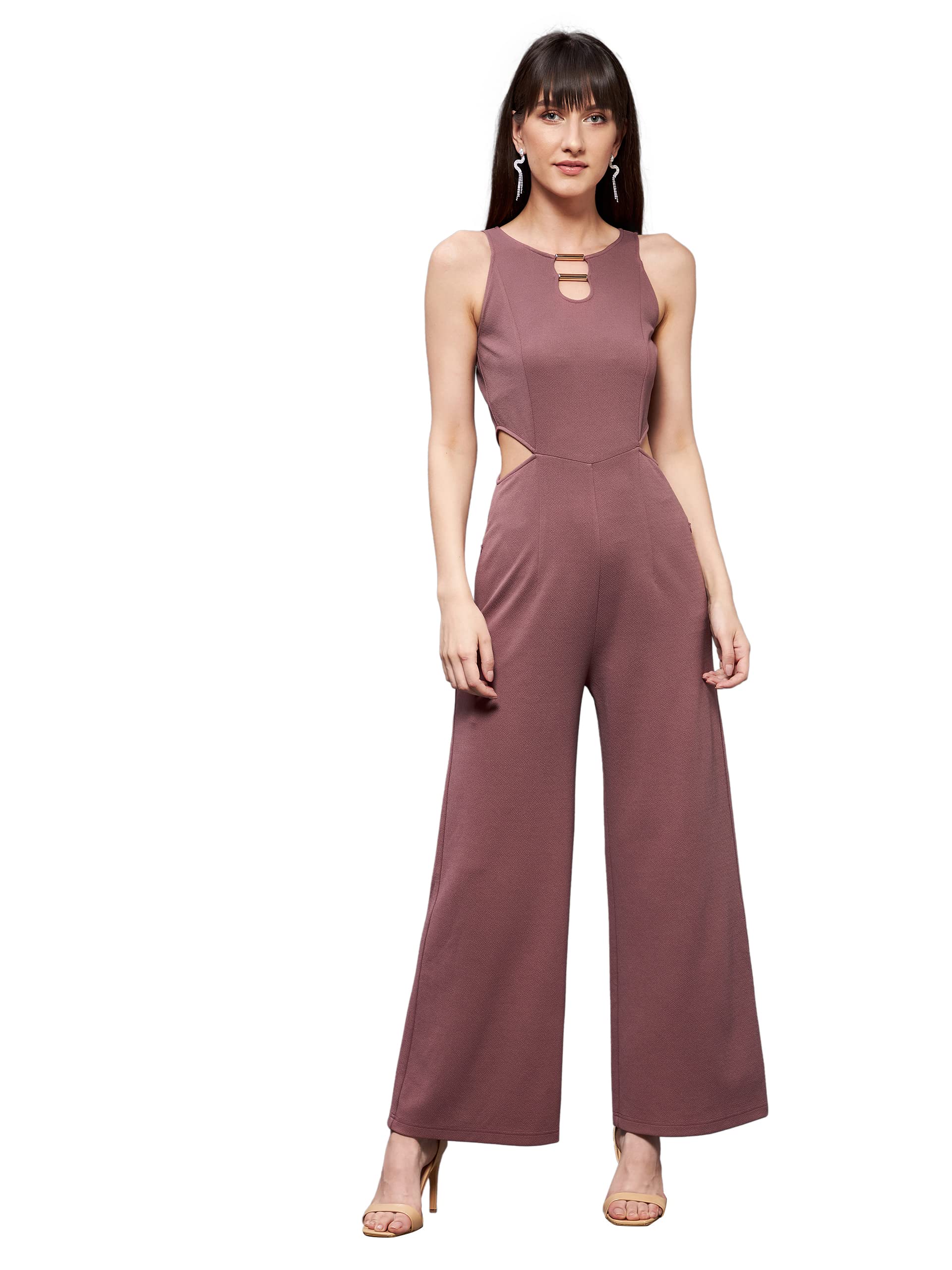 Miss Chase WomenS Mauve Round Sleeveless Polyester Solid Waist Cut-Out Regular Jumpsuit (Mcss21D04-79-271-05, Mauve, L)
