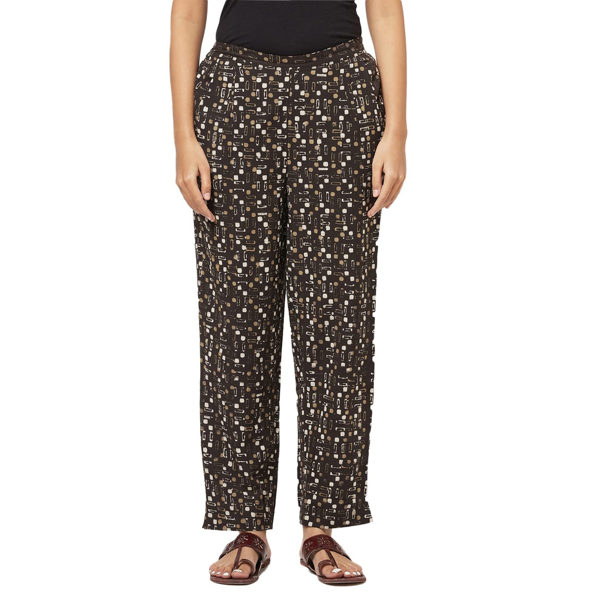 Fabindia Women Flax Printed Casual Pants Cotton_L Black
