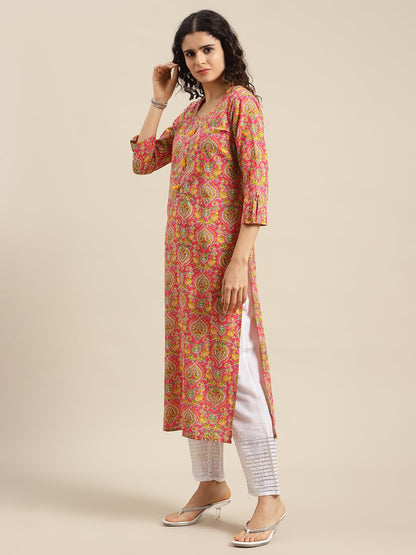 Varanga Women Pink and Yellow Floral Printed Straight Kurta with Round Neck, Three-Quarter Sleeves, Straight Hemline, and Side Slits