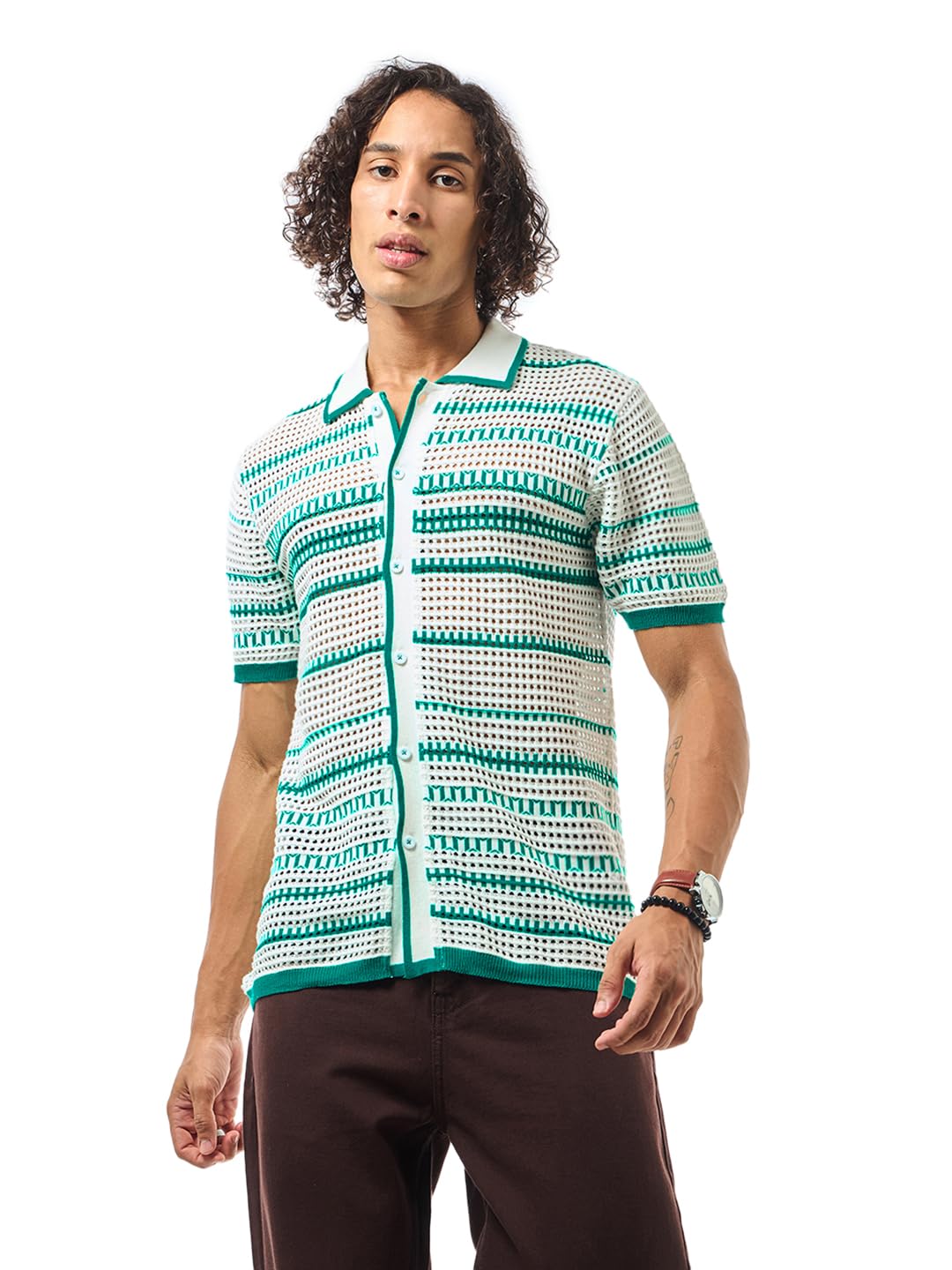 Bewakoof Mens Striped Regular Fit Half Sleeve Collared Neck 100% Cotton Shirt_633509_White_XL