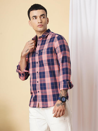 The Indian Garage Co Men Navy Checkered Slim Fit Cotton Casual Shirt