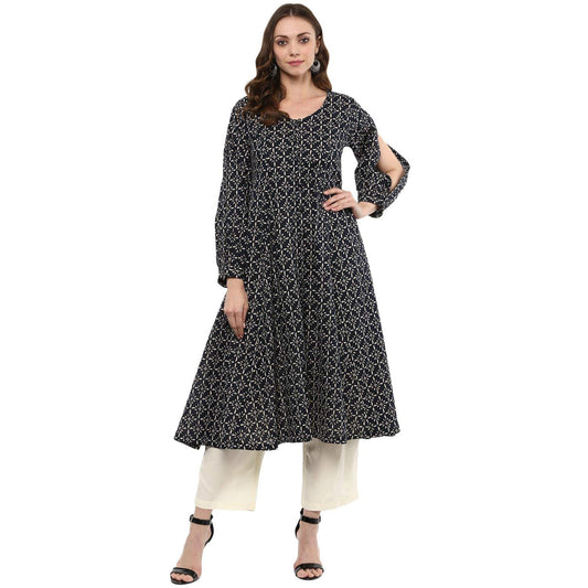 Idalia Cotton Blend Kurta Set For Women, 3/4 Sleeve, Calf-Length, Elegant Design For Special Occasions Navy Blue