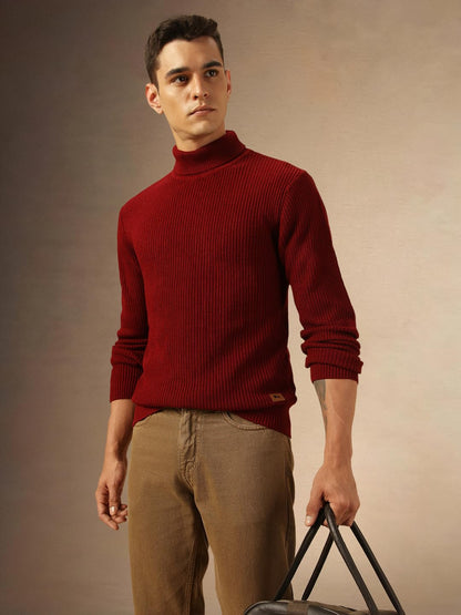 Dennis Lingo Men Regular Fit Acrylic Solid Full Sleeves Turtle Neck Pullover Sweater Maroon