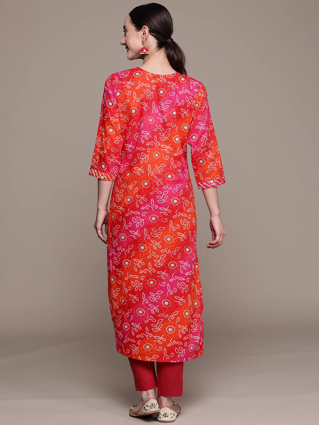 ishin Women's Cotton Blend Multicolor Bandhani Printed A-Line Kurta