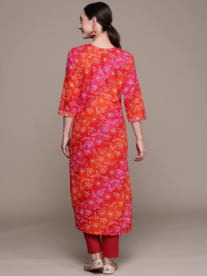 ishin Women's Cotton Blend Multicolor Bandhani Printed A-Line Kurta