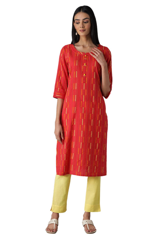 Aurelia Women's Cotton Red Geometric Band Collar Straight Kurta
