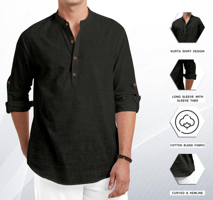 Royalscout Men Cotton Blend Full Sleeve Short Kurta Black