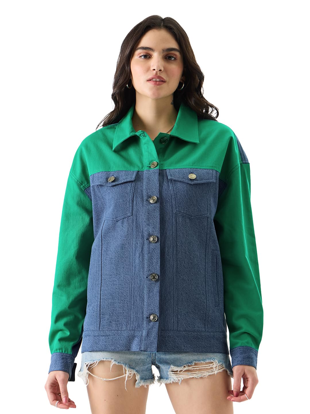 The Souled Store Vivid Green Women and Girls Oversize Fit Full Sleeve Colorblock Cotton Denim Jacket
