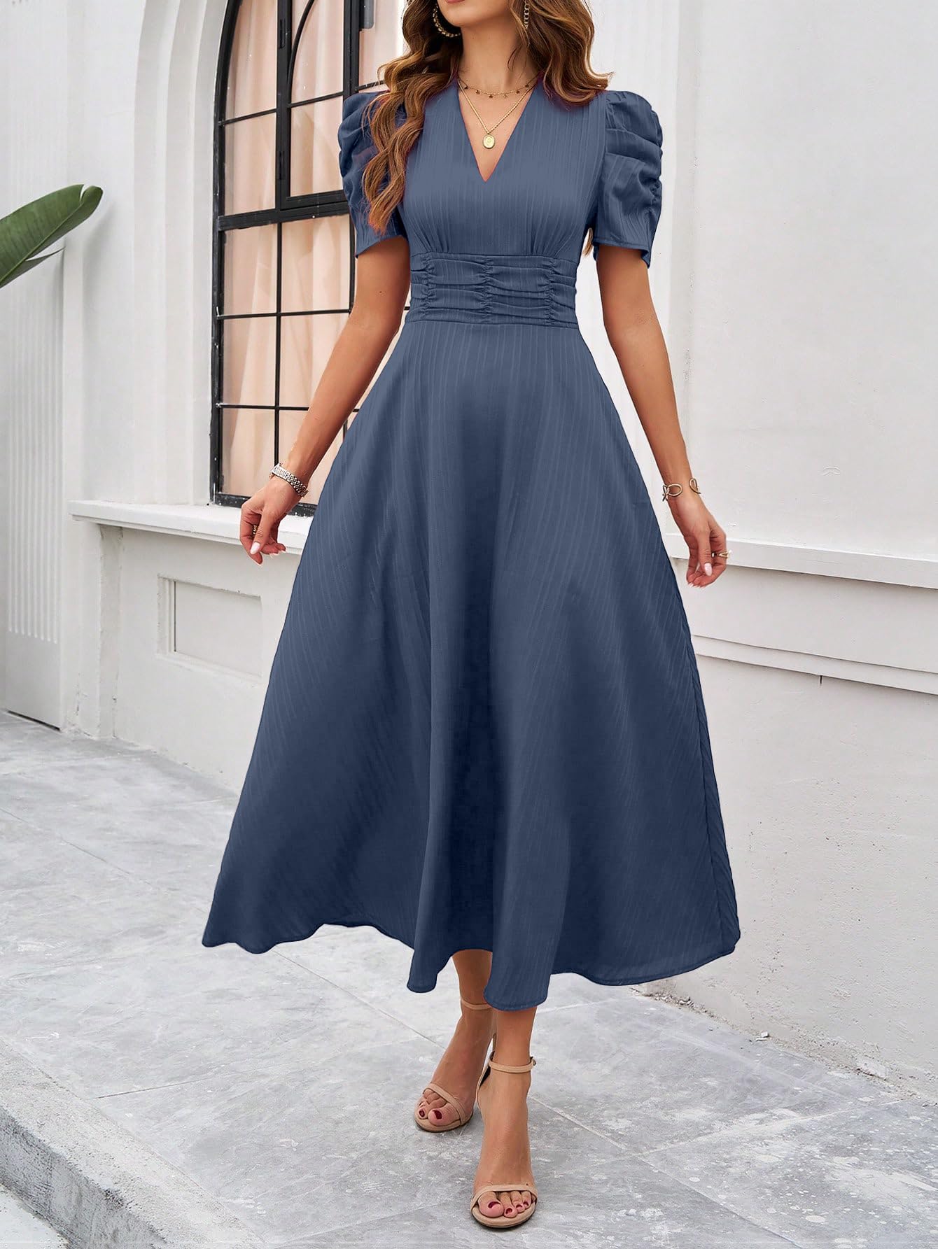 Shasmi Girls & Womens Indigo Blue Solid Color V-Neck A-Line Maxi Dress for Women | New Year Party Outfit | Waist Cinched Puff