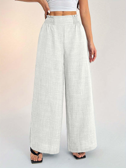 Sugathari Womens Off-White Casual Wide Leg Pants  High Waist Elastic Waistband Loose Fit Long Trousers | Lightweight Straight L