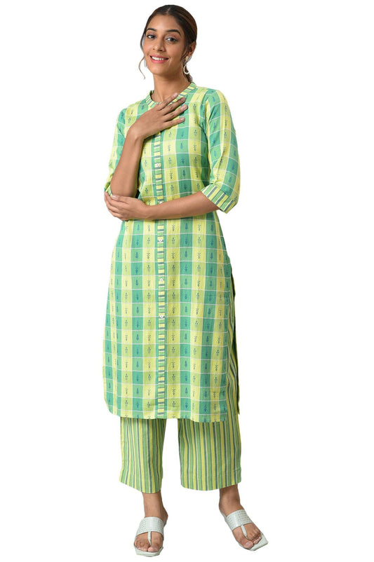 Aurelia Women's Cotton Green Geometric Band Collar Straight Kurta Set