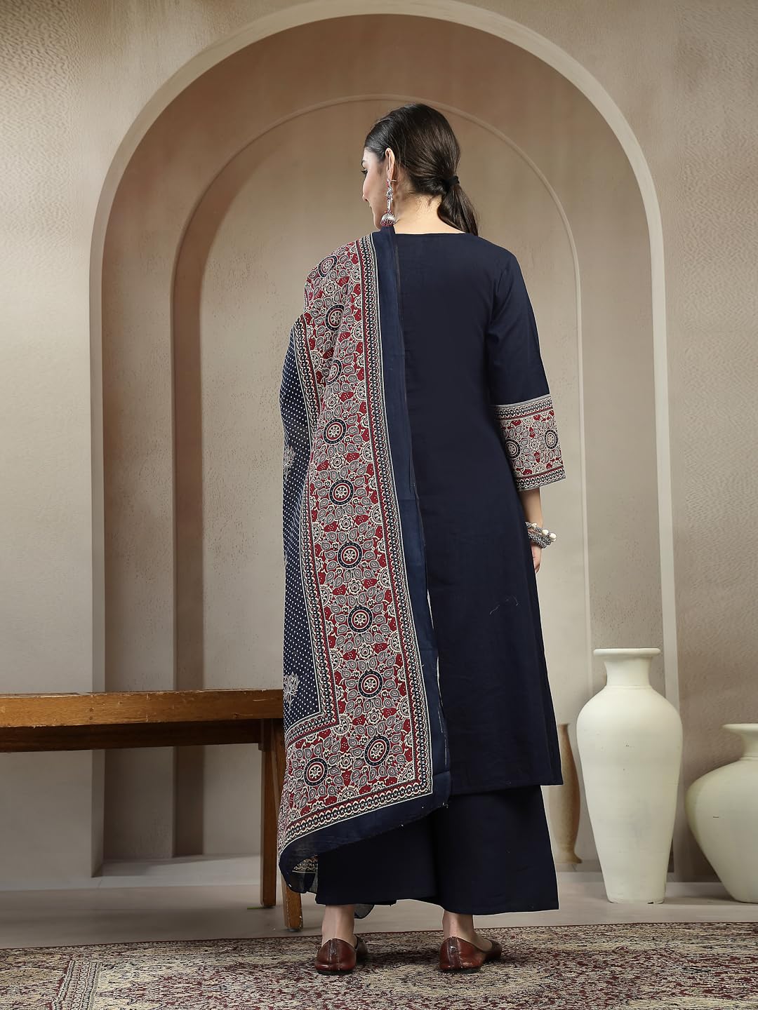 Stylum Womens Ajrakh Printed Cotton A-Line Kurta Pant Dupatta Set