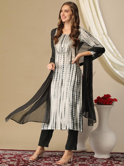 GoSriKi Ladies Cotton Blend Cropped Trousers & Dupatta Kurta, Black, Size S, Model TIEDYE-BEGANI-GS
