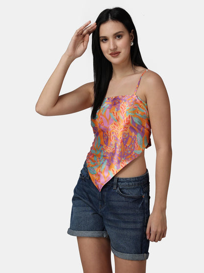 POPWINGS Casual Printed Satin Scarf Knot Style Crop Top for Women || Square Neck Crop Top for Women || Sleeveless Crop Top for W