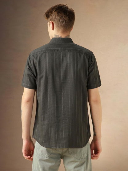 Dennis Lingo MenS Green Polycotton Spread Collar Short Sleeves Striped Shirts