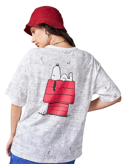 Bewakoof Air 1.0 Official Peanuts Merchandise Womens All Over Printed Oversized Fit Half Sleeve Round Neck Cotton T-Shirt_61503