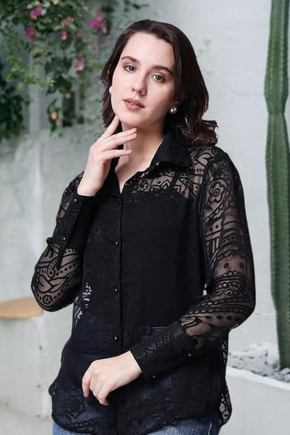 POPWINGS Casual Net Laces Brasso Design Transparent Shirt for Women || Stylish Western Net Shirt for Women || Women Shirt for Su