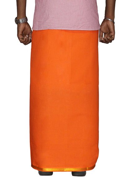 Prakasam Cotton MenS Single Orange Colour Welcro Stitched Pocket Jari Dhoti With Matching Gold Jari Towel